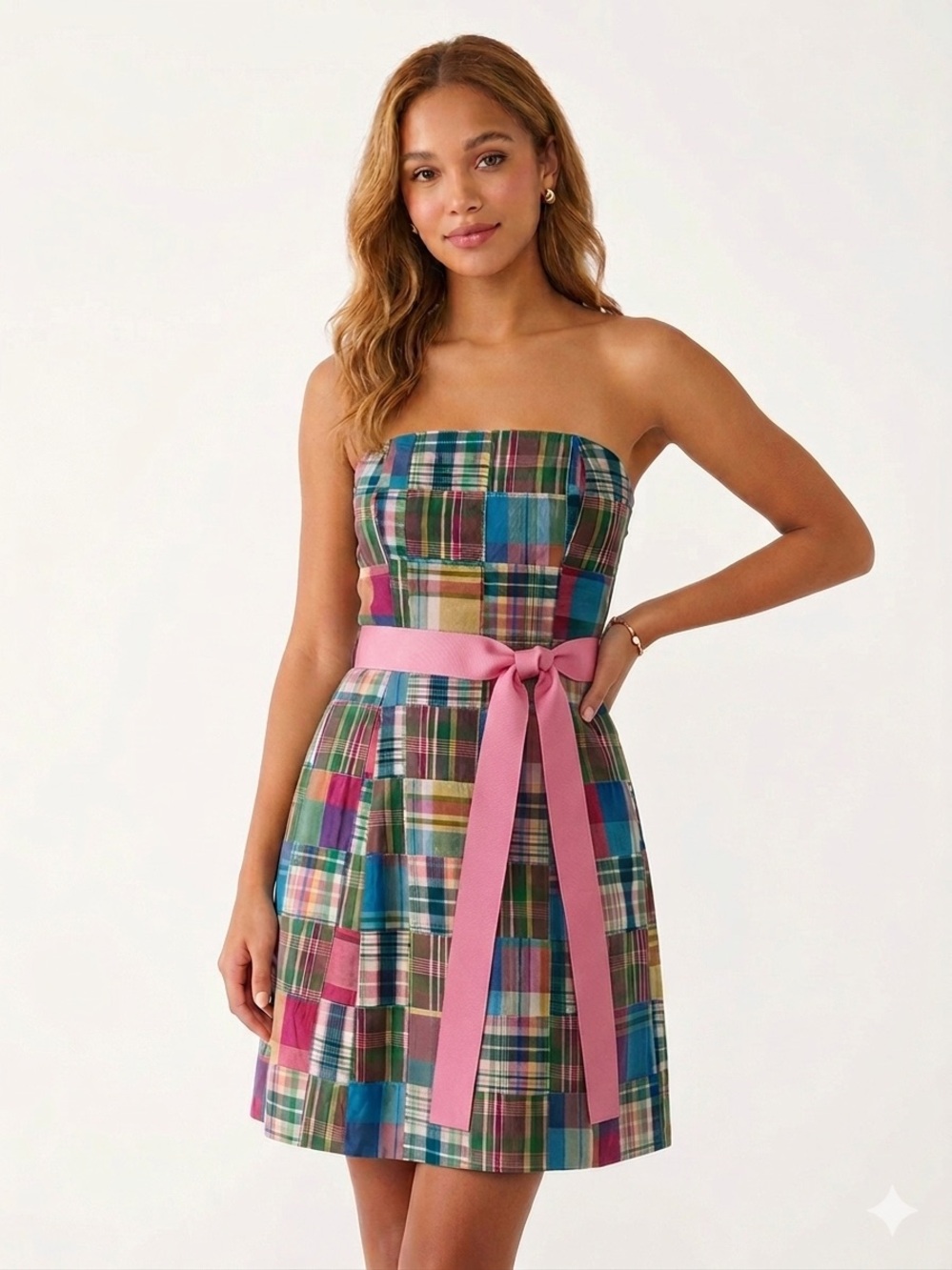Molly B. Madras Patchwork Plaid Strapless Dress with Pink Ribbon Belt